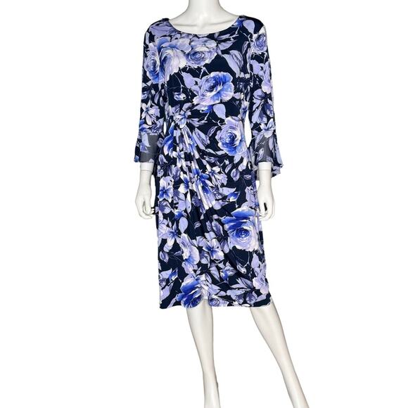 Connected Apparel Gathered-Waist 3/4-Sleeve Sheath Dress Navy Periwinkle Sz 14 - Picture 2 of 7